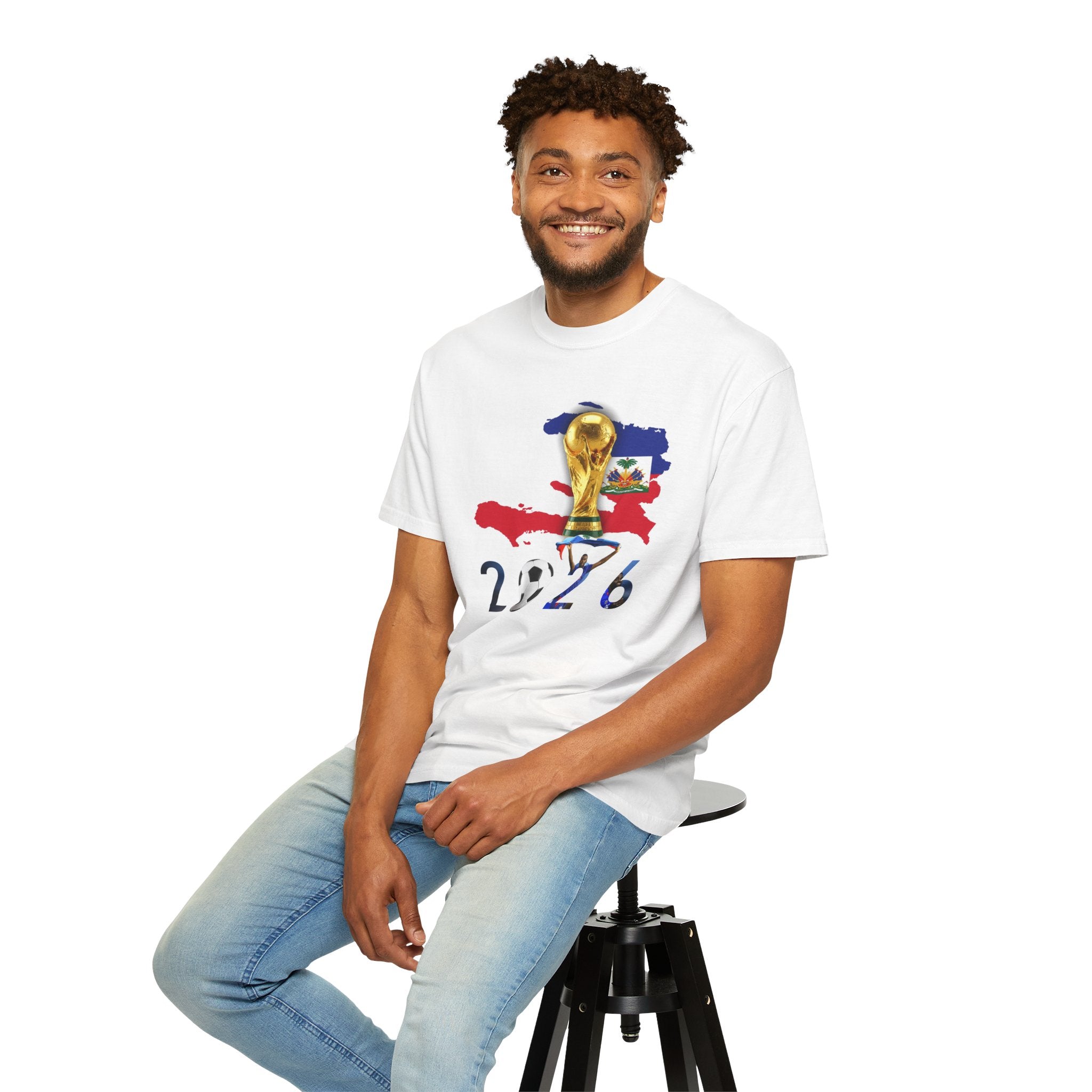 Haiti 2026 World Cup Soccer T-Shirt — Haiti Map, Flag & Trophy Design