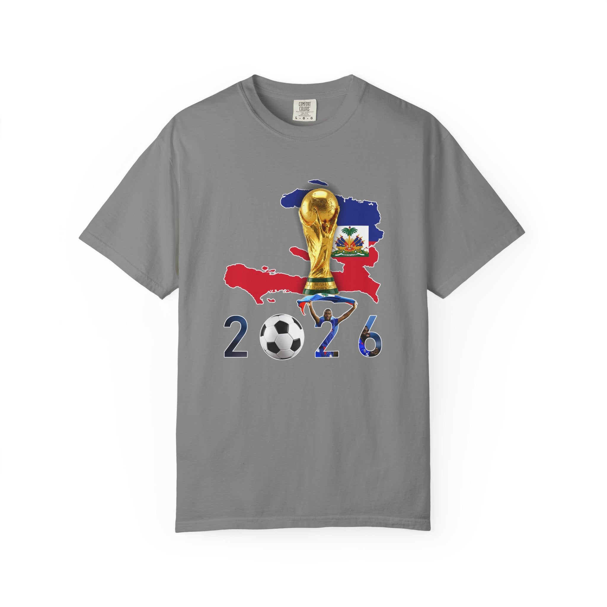 Haiti 2026 World Cup Soccer T-Shirt — Haiti Map, Flag & Trophy Design