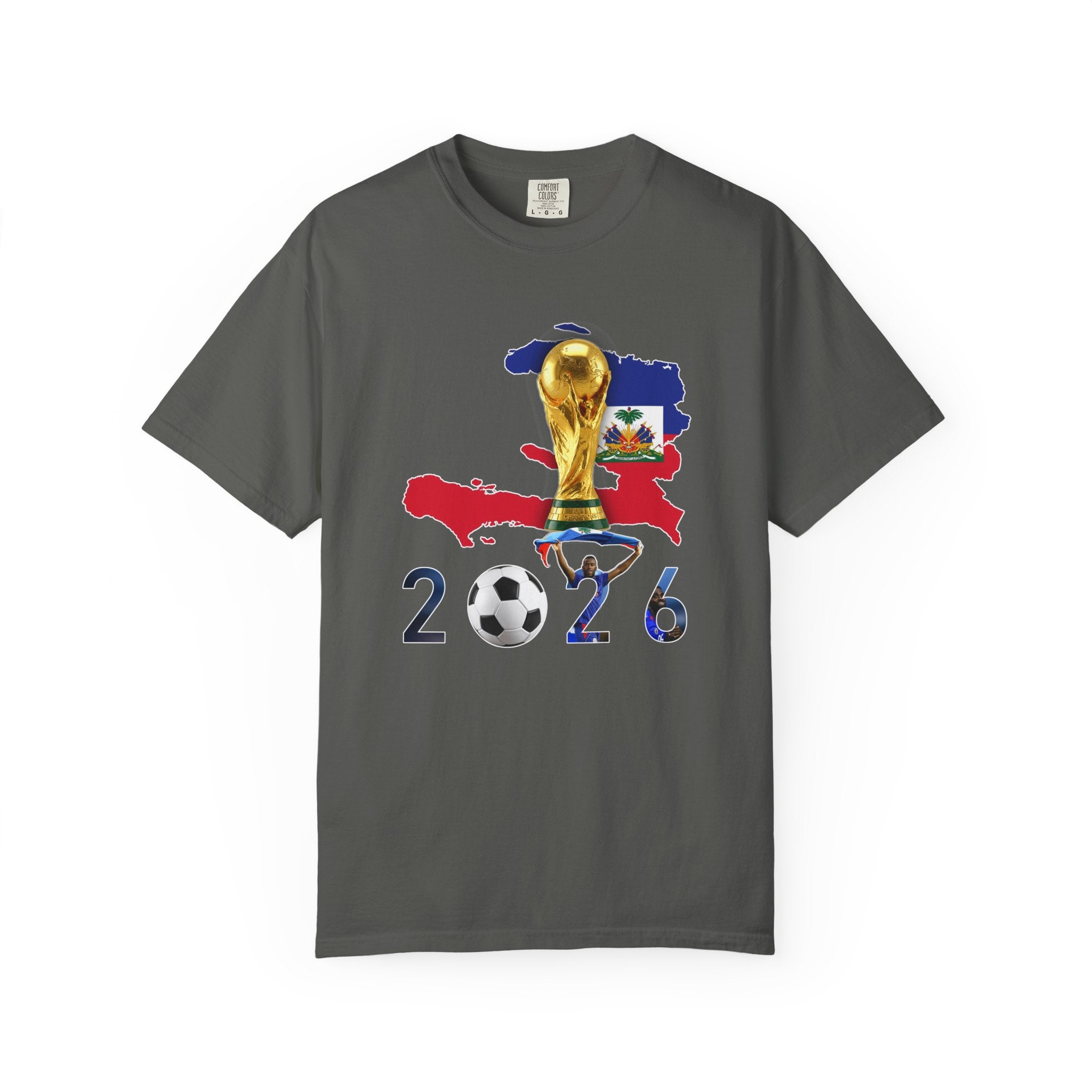Haiti 2026 World Cup Soccer T-Shirt — Haiti Map, Flag & Trophy Design