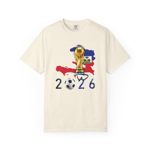 Haiti 2026 World Cup Soccer T-Shirt — Haiti Map, Flag & Trophy Design