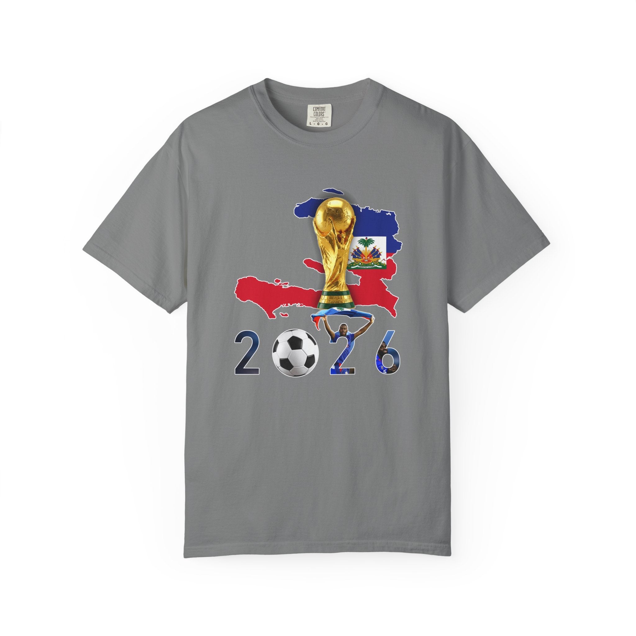 Haiti 2026 World Cup Soccer T-Shirt — Haiti Map, Flag & Trophy Design