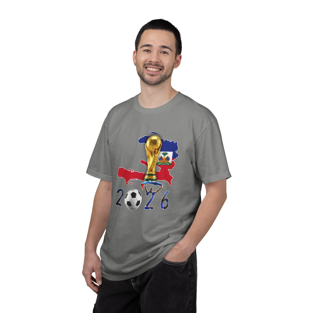 Haiti 2026 World Cup Soccer T-Shirt — Haiti Map, Flag & Trophy Design