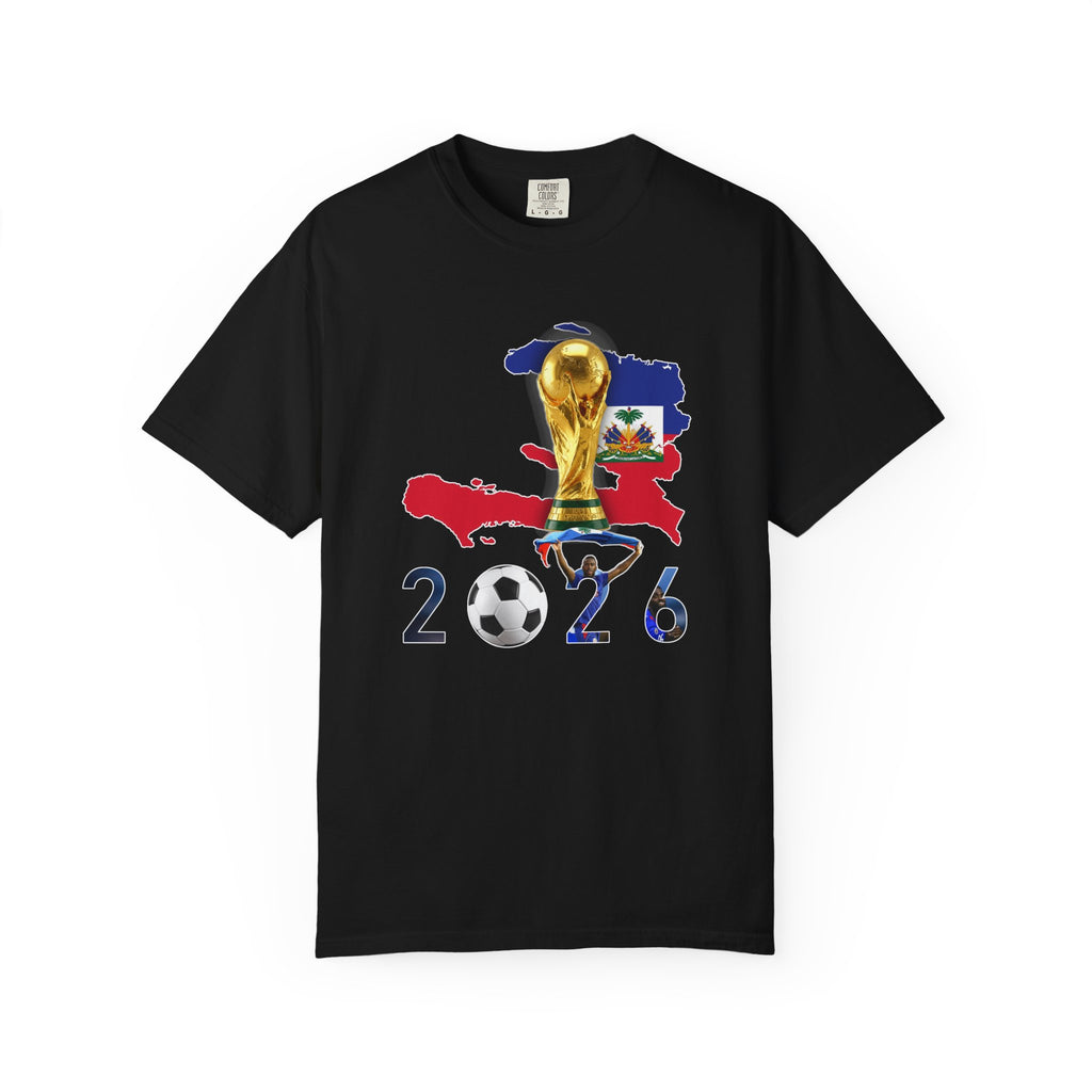 Haiti 2026 World Cup Soccer T-Shirt — Haiti Map, Flag & Trophy Design