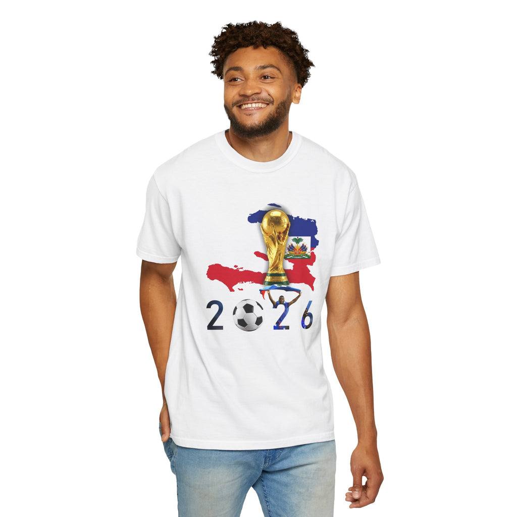 Haiti 2026 World Cup Soccer T-Shirt — Haiti Map, Flag & Trophy Design
