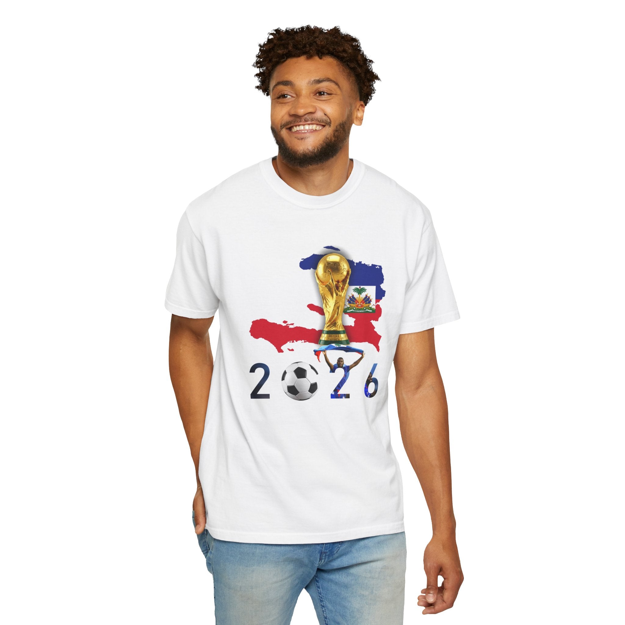 Haiti 2026 World Cup Soccer T-Shirt — Haiti Map, Flag & Trophy Design