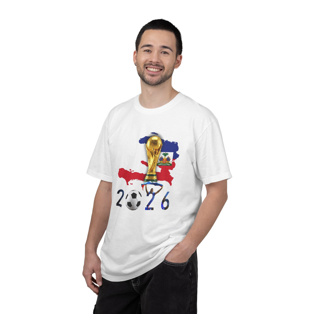 Haiti 2026 World Cup Soccer T-Shirt — Haiti Map, Flag & Trophy Design