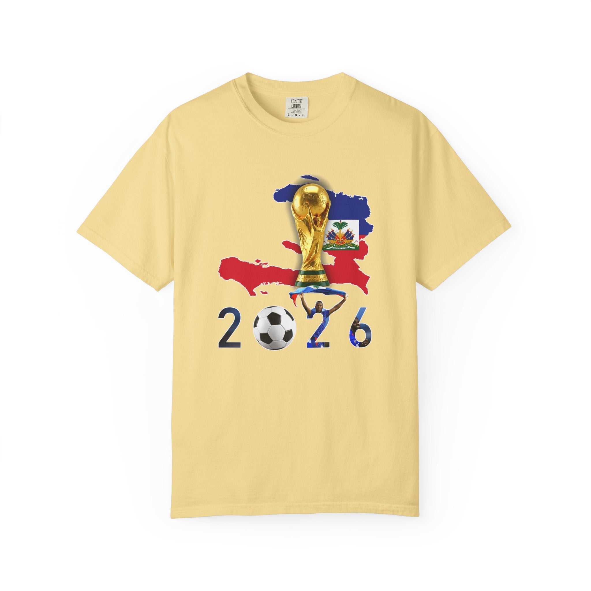 Haiti 2026 World Cup Soccer T-Shirt — Haiti Map, Flag & Trophy Design