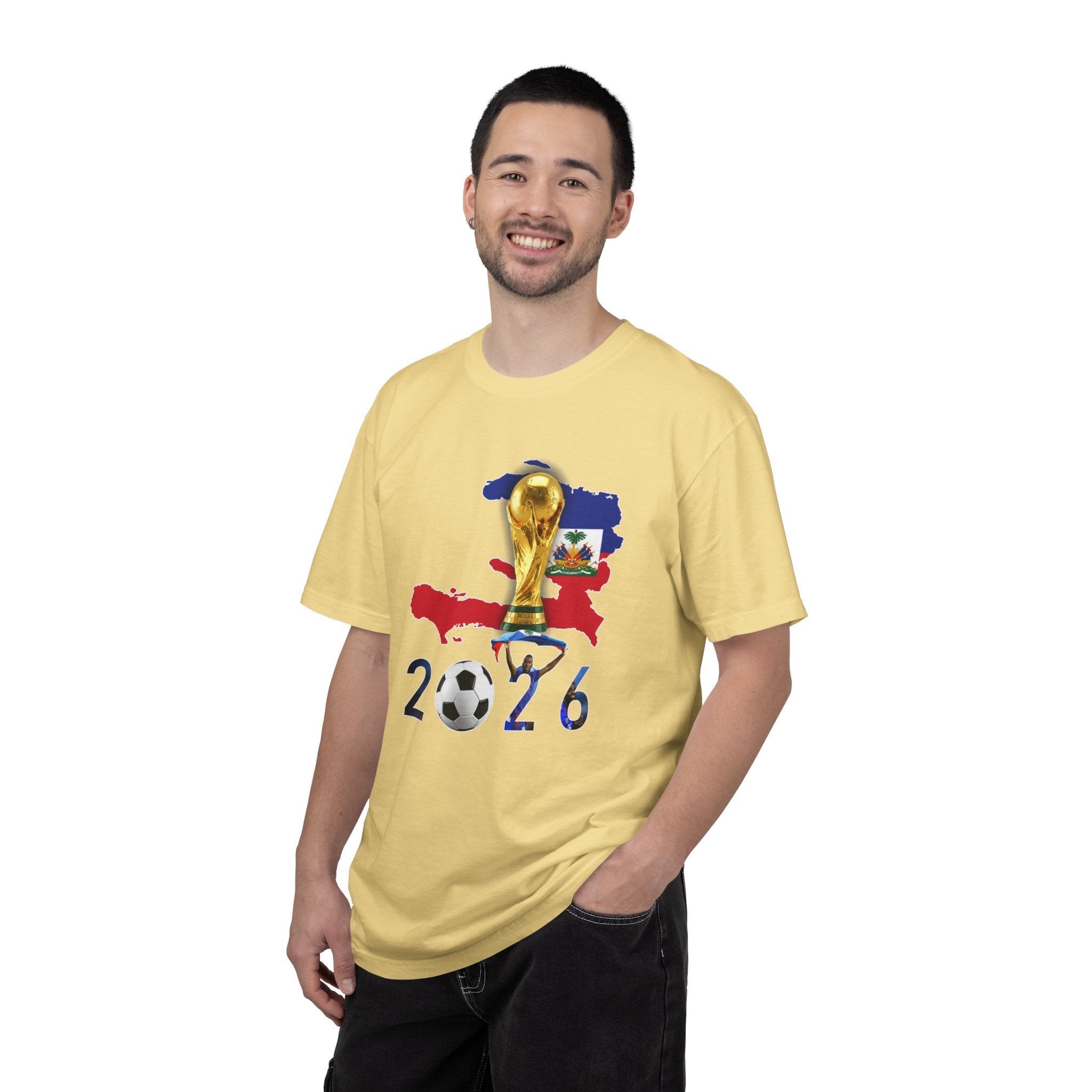 Haiti 2026 World Cup Soccer T-Shirt — Haiti Map, Flag & Trophy Design