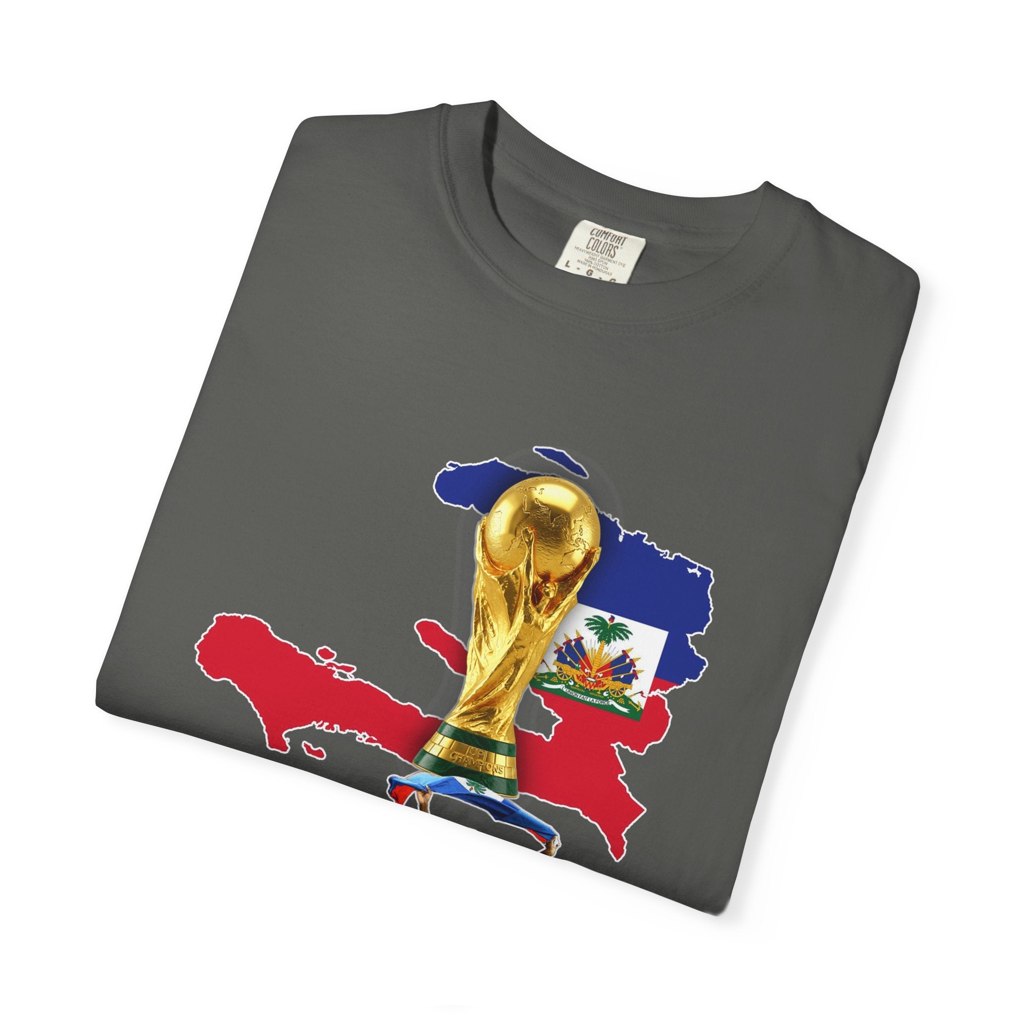 Haiti 2026 World Cup Soccer T-Shirt — Haiti Map, Flag & Trophy Design