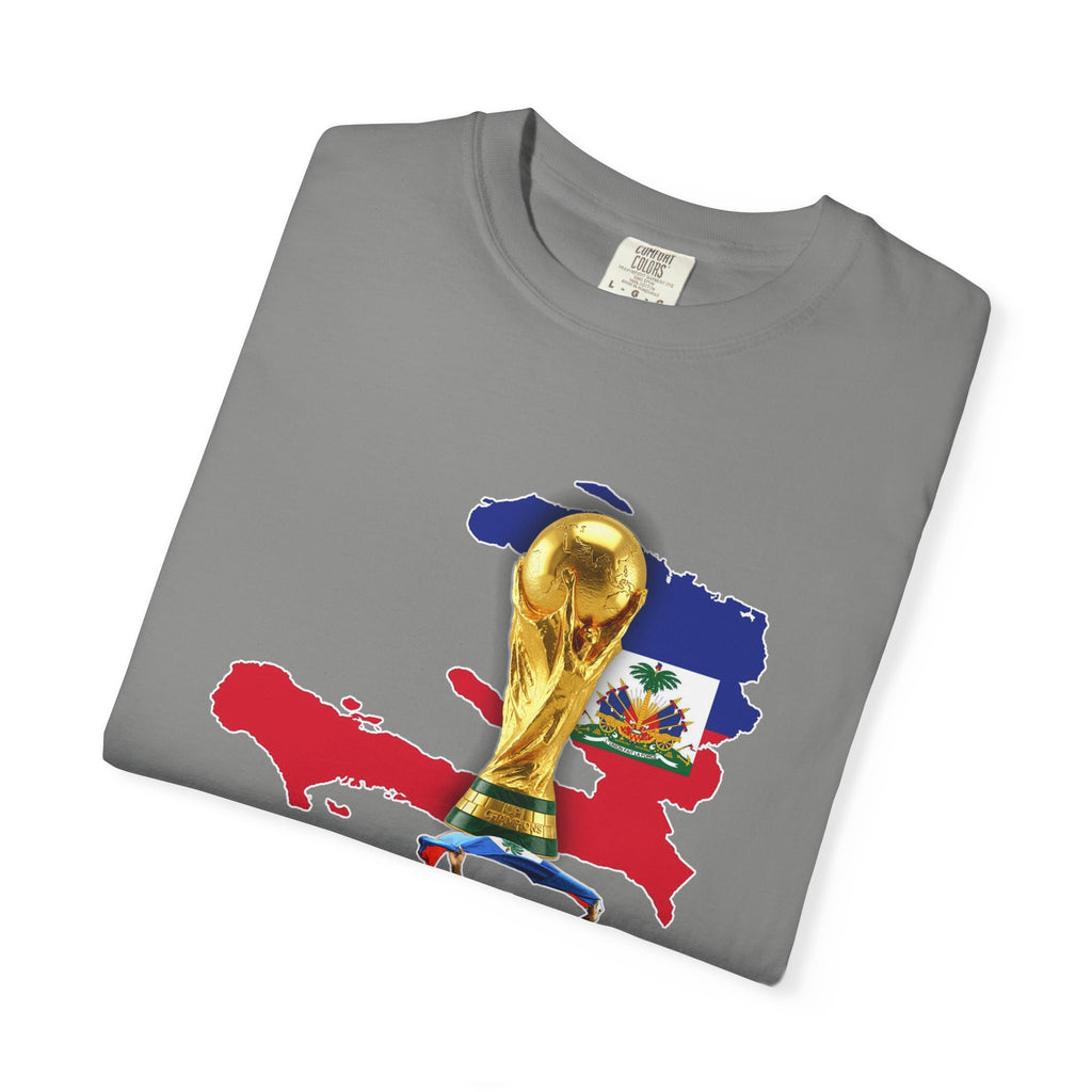 Haiti 2026 World Cup Soccer T-Shirt — Haiti Map, Flag & Trophy Design